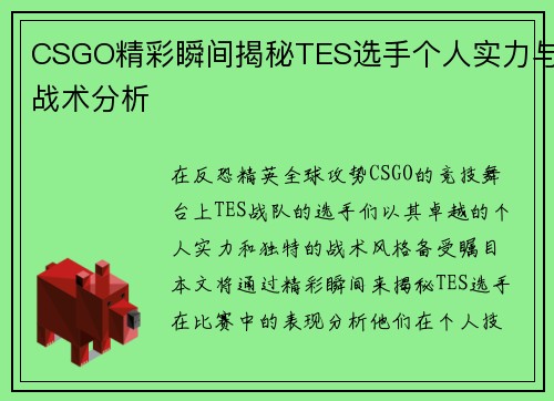 CSGO精彩瞬间揭秘TES选手个人实力与战术分析