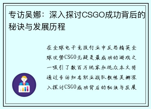 专访吴娜：深入探讨CSGO成功背后的秘诀与发展历程